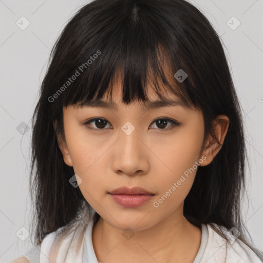 Neutral asian young-adult female with medium  brown hair and brown eyes