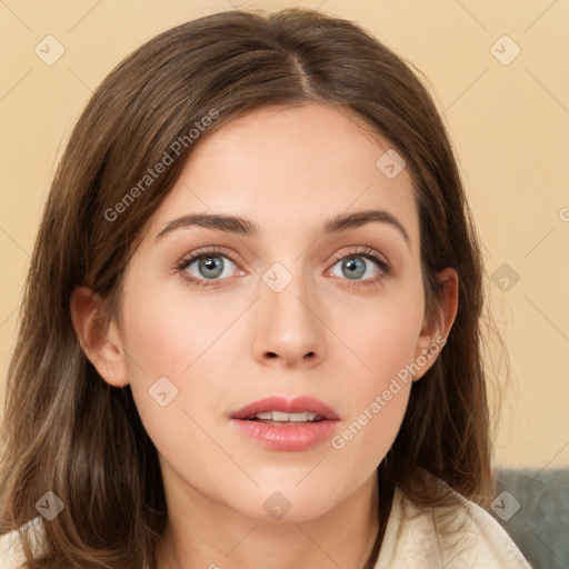 Neutral white young-adult female with long  brown hair and grey eyes