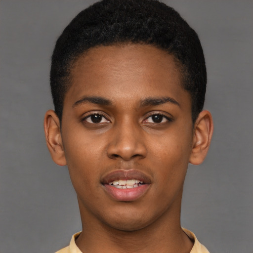 Joyful latino young-adult male with short  brown hair and brown eyes