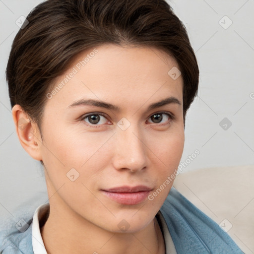 Neutral white young-adult female with medium  brown hair and brown eyes