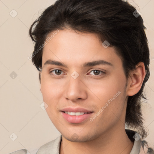 Joyful white young-adult male with medium  brown hair and brown eyes