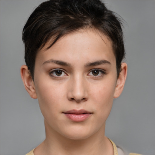 Neutral white young-adult female with short  brown hair and brown eyes