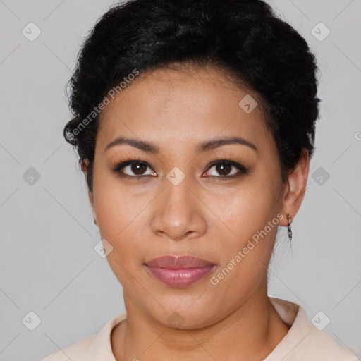 Joyful latino young-adult female with short  brown hair and brown eyes