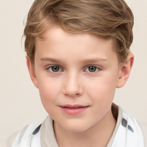 Joyful white child female with short  brown hair and brown eyes