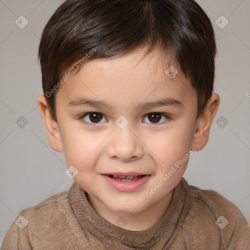 Joyful white child male with short  brown hair and brown eyes