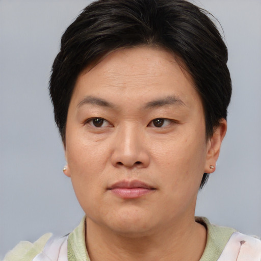 Joyful asian young-adult female with short  brown hair and brown eyes