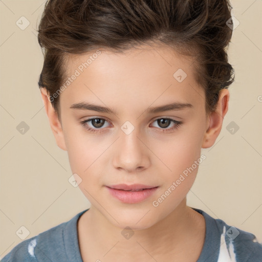 Joyful white child female with short  brown hair and brown eyes