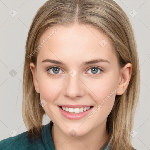 Joyful white young-adult female with medium  brown hair and blue eyes