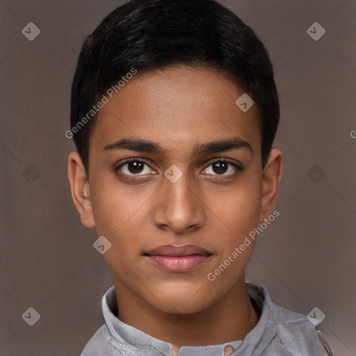 Joyful latino young-adult male with short  brown hair and brown eyes