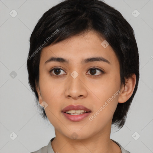 Joyful asian young-adult female with medium  black hair and brown eyes