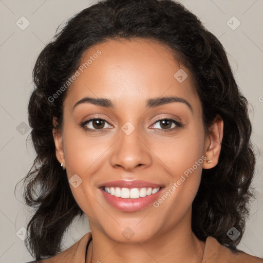 Joyful latino young-adult female with medium  brown hair and brown eyes