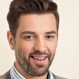 Joyful white young-adult male with short  brown hair and brown eyes