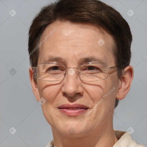 Joyful white middle-aged male with short  brown hair and brown eyes