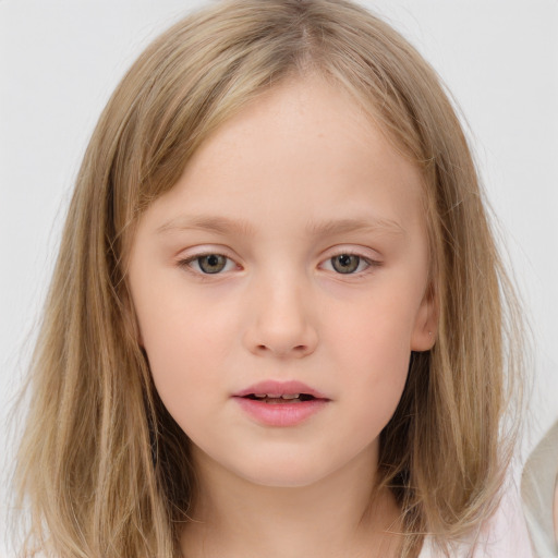 Neutral white child female with long  brown hair and grey eyes