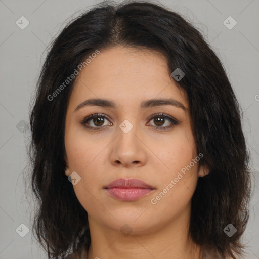 Neutral latino young-adult female with long  brown hair and brown eyes