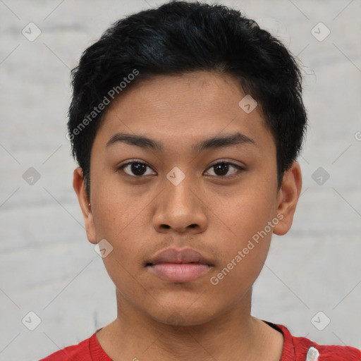 Neutral asian young-adult male with short  black hair and brown eyes