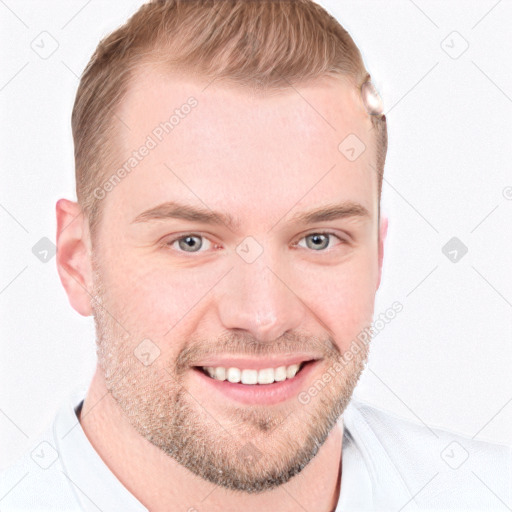 Joyful white young-adult male with short  brown hair and grey eyes