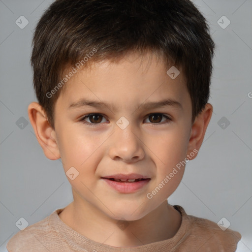 Joyful white child male with short  brown hair and brown eyes