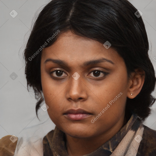 Neutral asian young-adult female with medium  brown hair and brown eyes