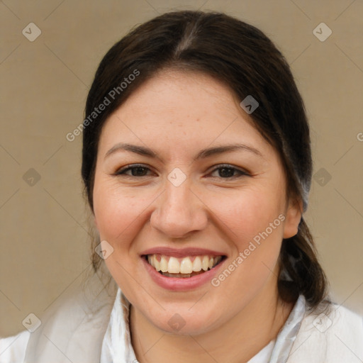 Joyful white young-adult female with medium  brown hair and brown eyes