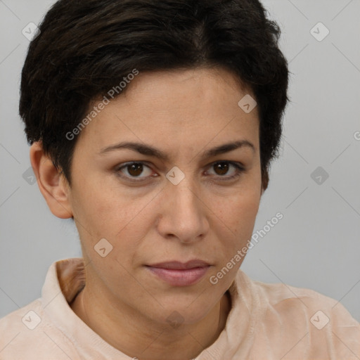 Neutral white young-adult female with short  brown hair and brown eyes