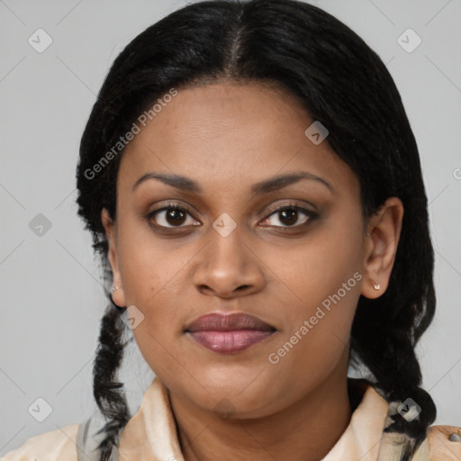 Joyful black young-adult female with medium  brown hair and brown eyes