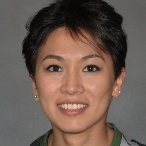 Joyful asian young-adult female with short  brown hair and brown eyes
