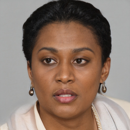 Neutral black young-adult female with short  brown hair and brown eyes