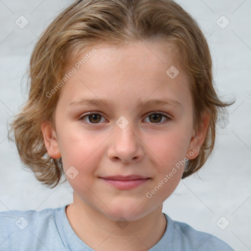 Joyful white child female with medium  brown hair and brown eyes