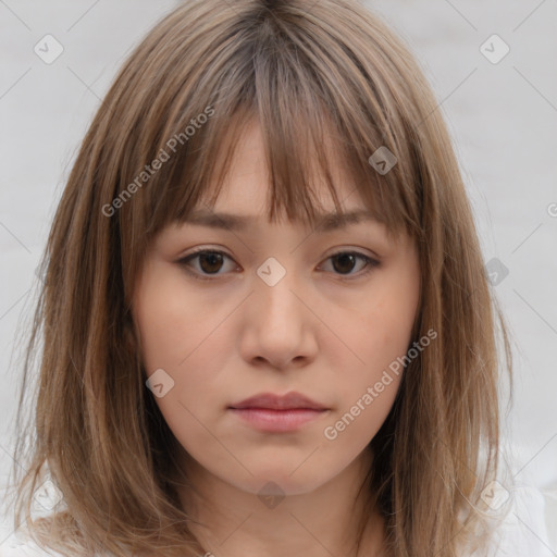 Neutral white young-adult female with medium  brown hair and brown eyes