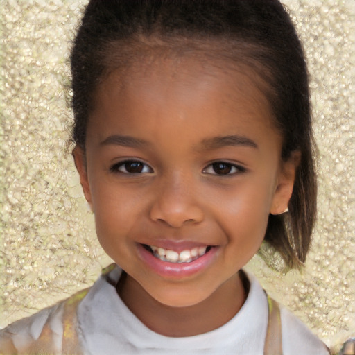 Joyful black child female with short  brown hair and brown eyes