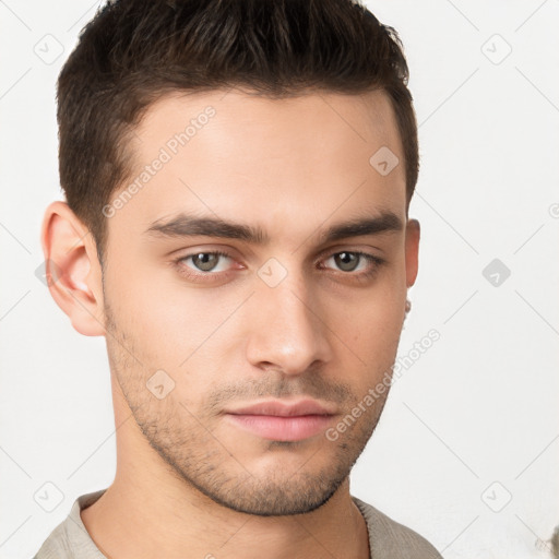 Neutral white young-adult male with short  brown hair and brown eyes