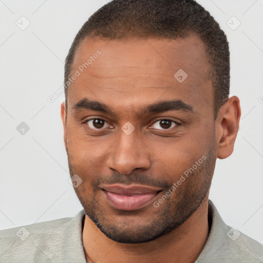 Joyful black young-adult male with short  brown hair and brown eyes