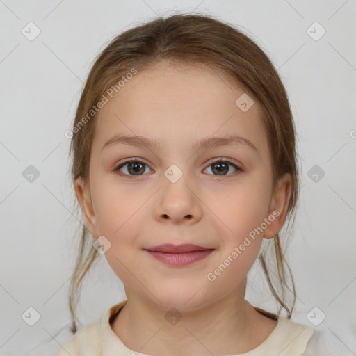 Joyful white child female with medium  brown hair and brown eyes