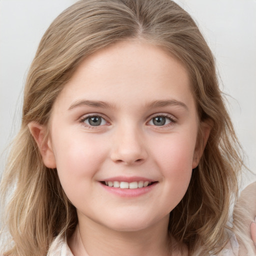 Joyful white child female with medium  brown hair and grey eyes