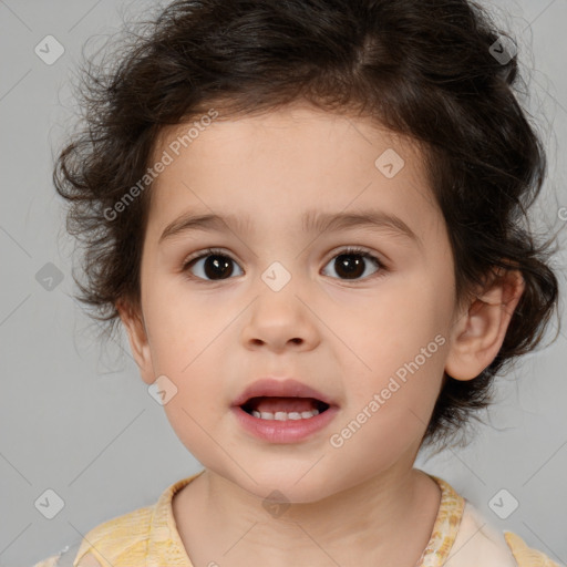 Joyful white child female with medium  brown hair and brown eyes