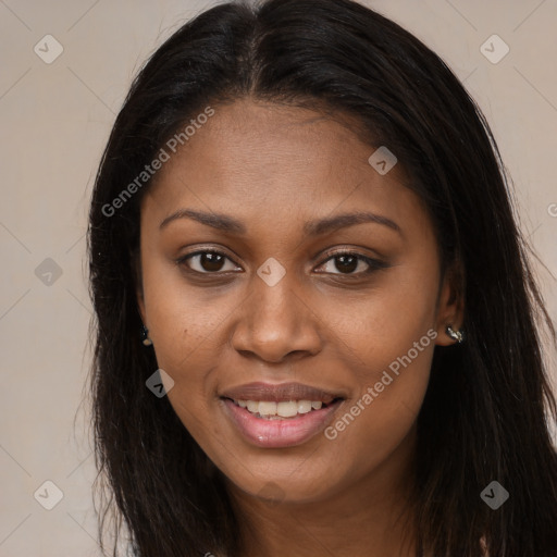 Joyful latino young-adult female with long  brown hair and brown eyes