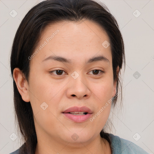 Joyful white young-adult female with medium  brown hair and brown eyes