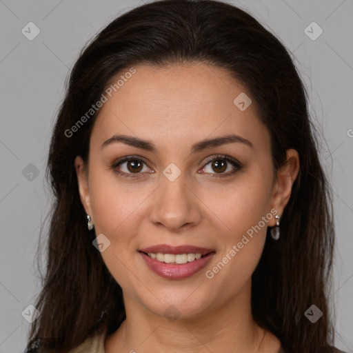 Joyful white young-adult female with long  brown hair and brown eyes