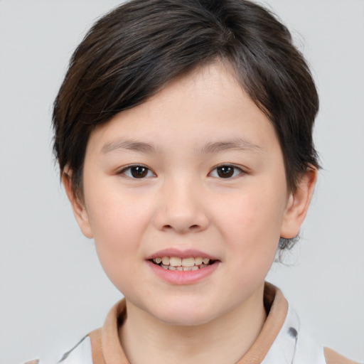 Joyful white child female with medium  brown hair and brown eyes