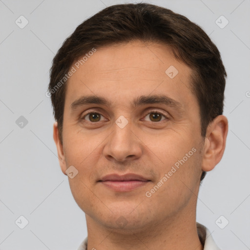 Joyful white young-adult male with short  brown hair and brown eyes