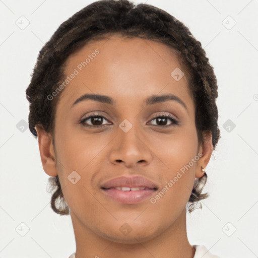 Joyful latino young-adult female with short  brown hair and brown eyes