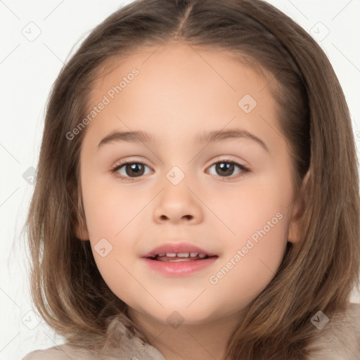 Joyful white child female with medium  brown hair and brown eyes