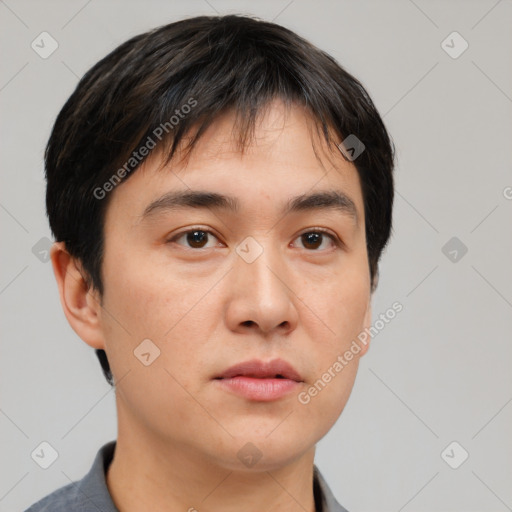 Neutral asian young-adult male with short  brown hair and brown eyes