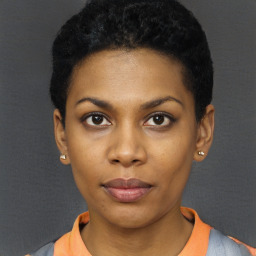 Neutral black young-adult female with short  black hair and brown eyes