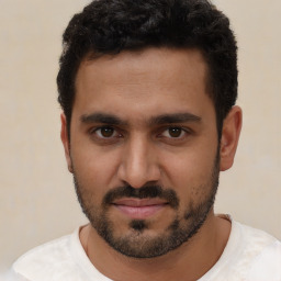 Joyful white young-adult male with short  black hair and brown eyes