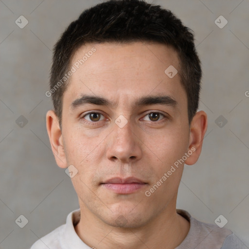 Neutral white young-adult male with short  brown hair and brown eyes