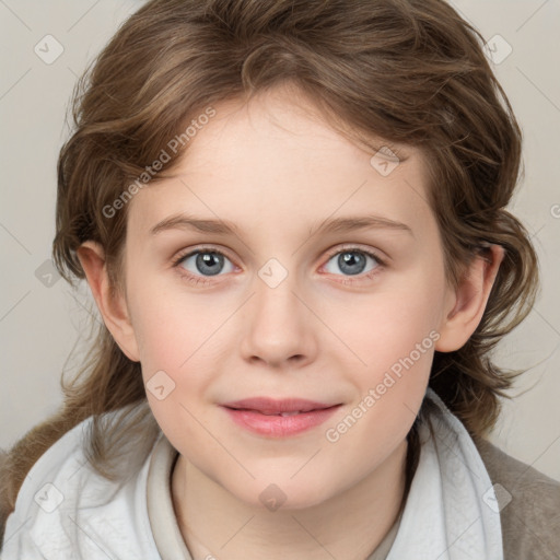 Joyful white child female with medium  brown hair and grey eyes