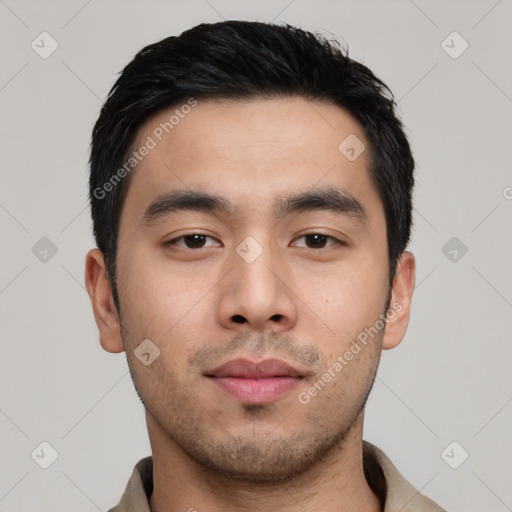 Neutral asian young-adult male with short  black hair and brown eyes