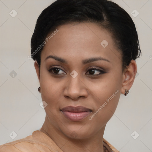 Joyful white young-adult female with short  brown hair and brown eyes